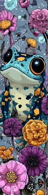 Free kawaii frog bookmark featuring smiling kawaii frog next to purple flowers